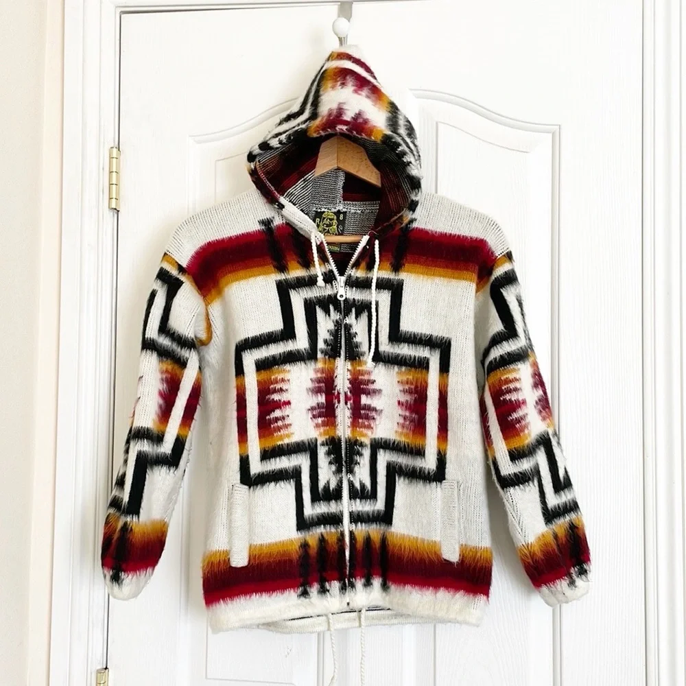 Tejidos Ruminahui Aztec Tribal Native Boho Fuzzy Full Zip Hoodie Sweater sz 8 - Picture 2 of 8